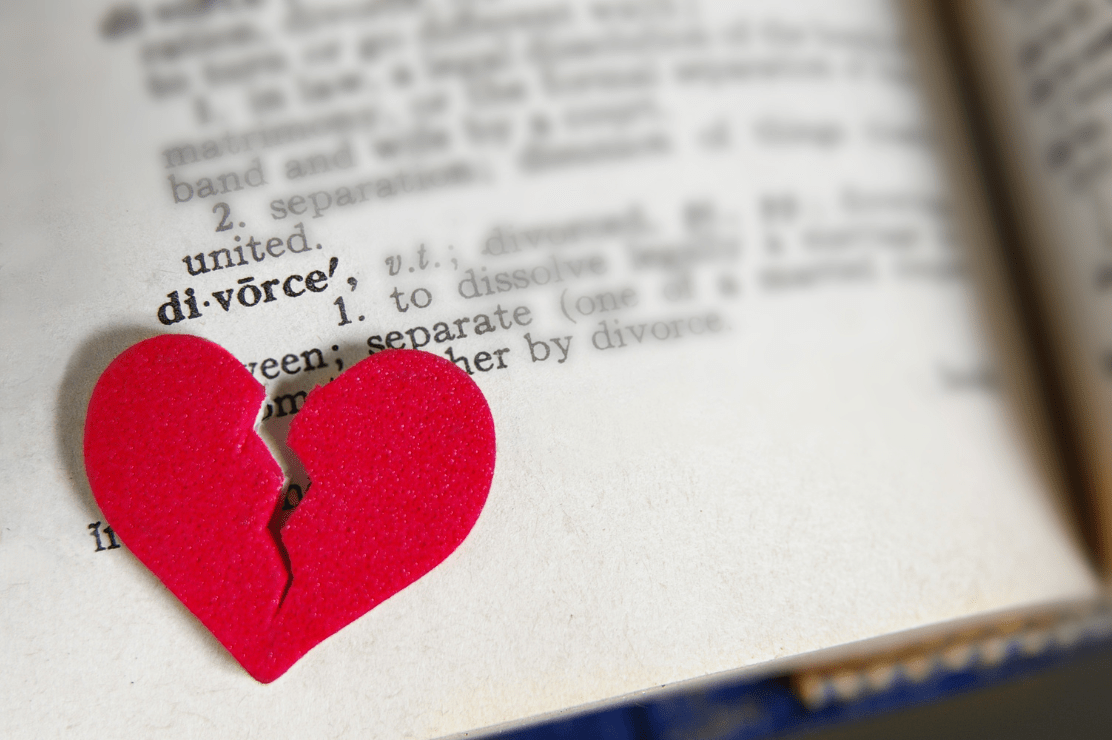 Broken heart over the word divorce in a dictionary