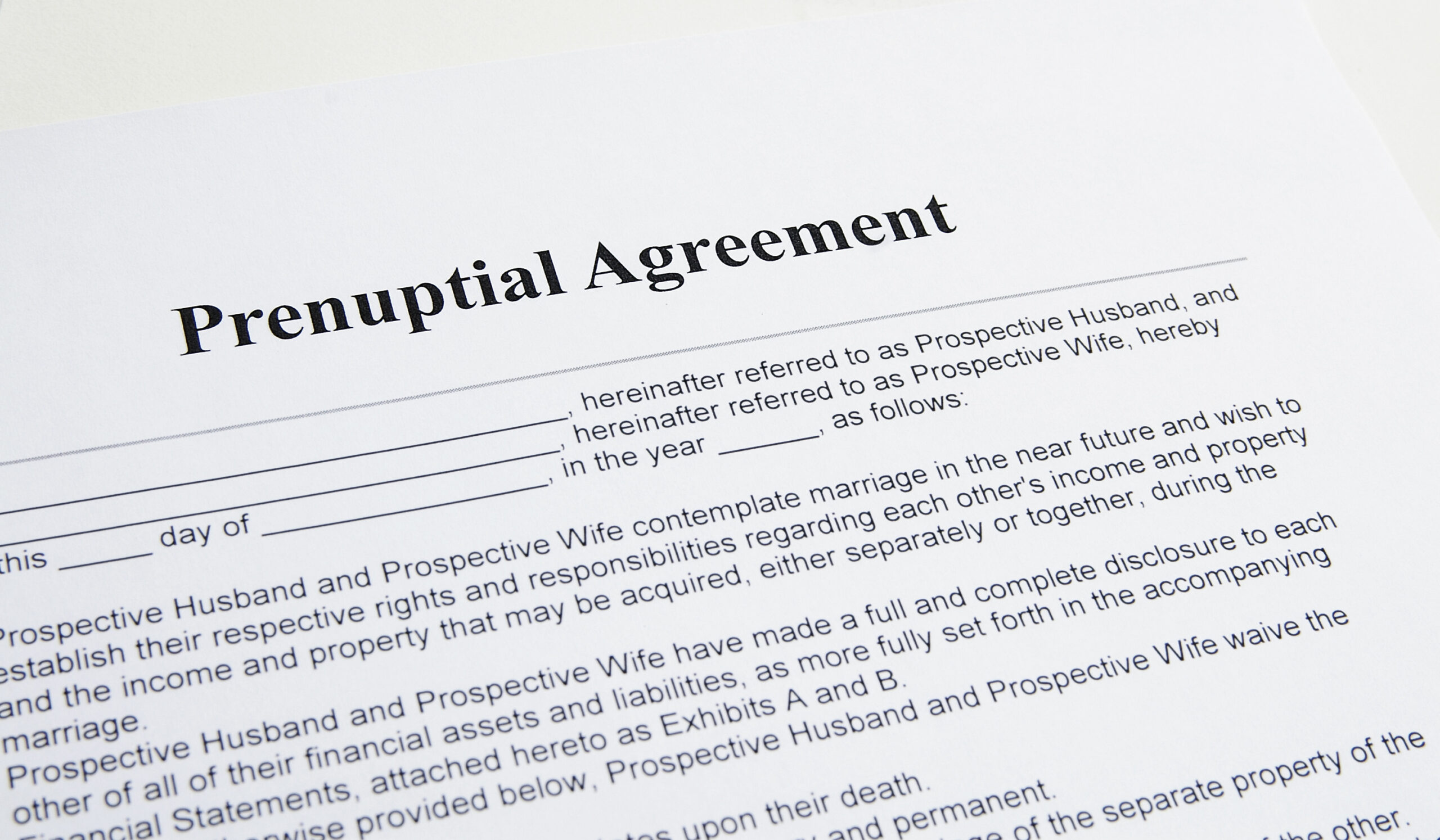 prenuptial agreement example typed on paper